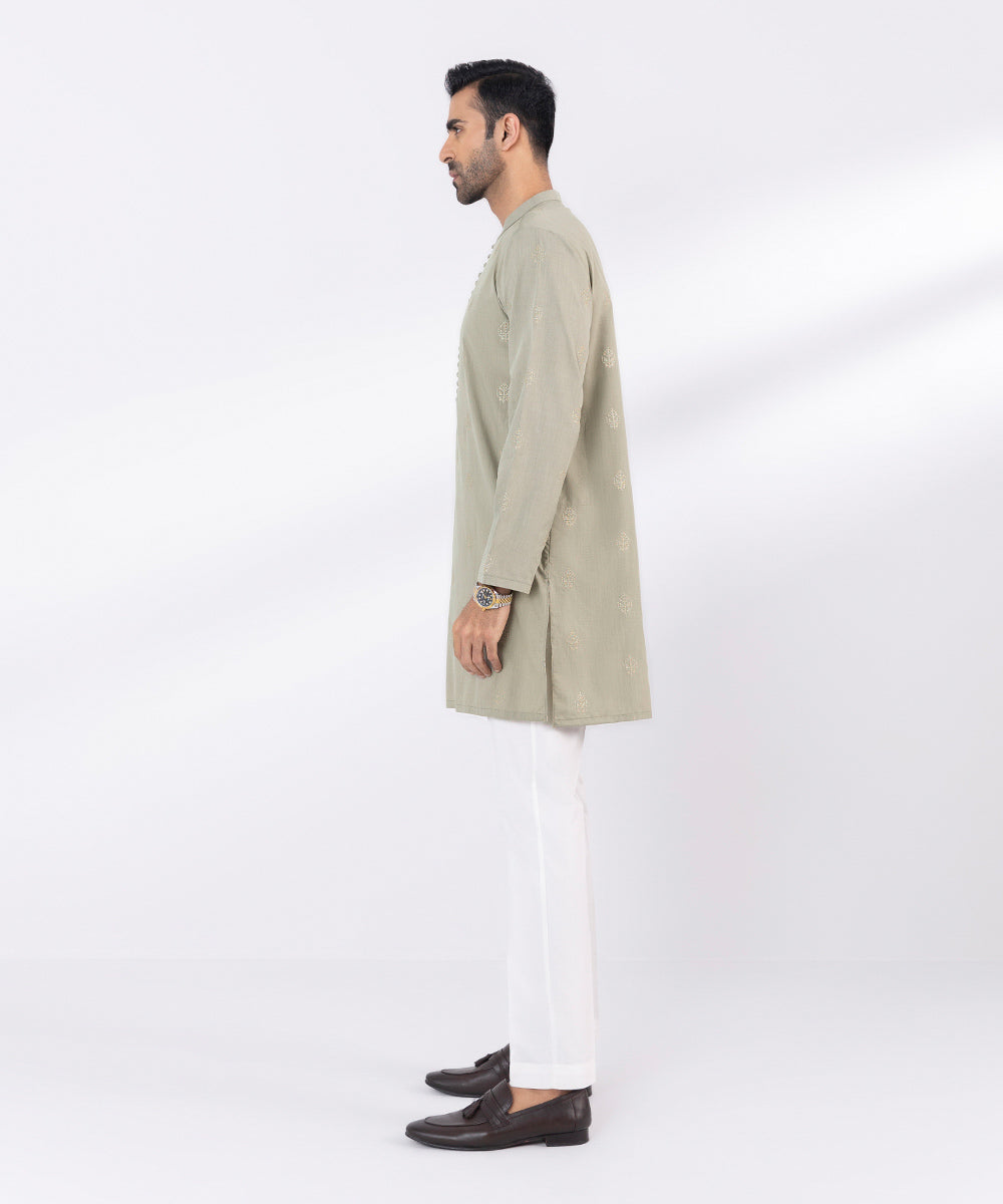 Men's Stitched Embroidered Fancy Wash & Wear Khaki Straight Hem Kurta