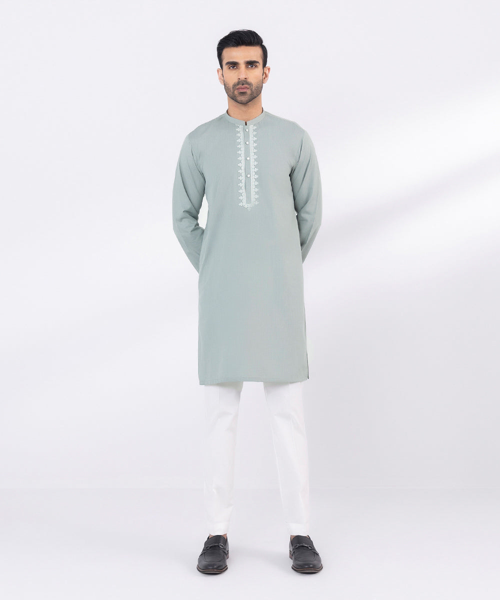 Men's Stitched Embroidered Fancy Wash & Wear Ash Grey Straight Hem Kurta