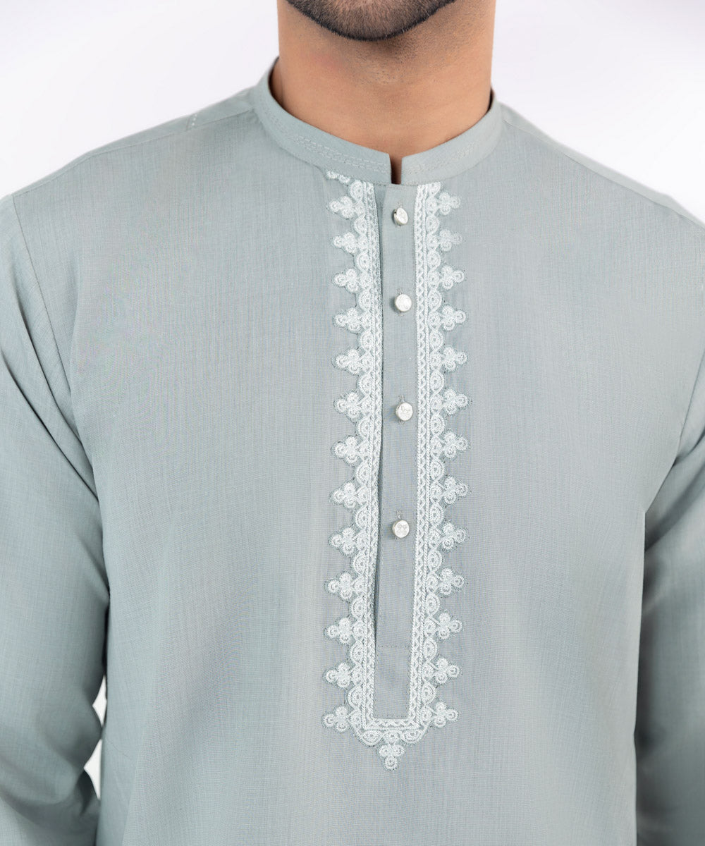 Men's Stitched Embroidered Fancy Wash & Wear Ash Grey Straight Hem Kurta