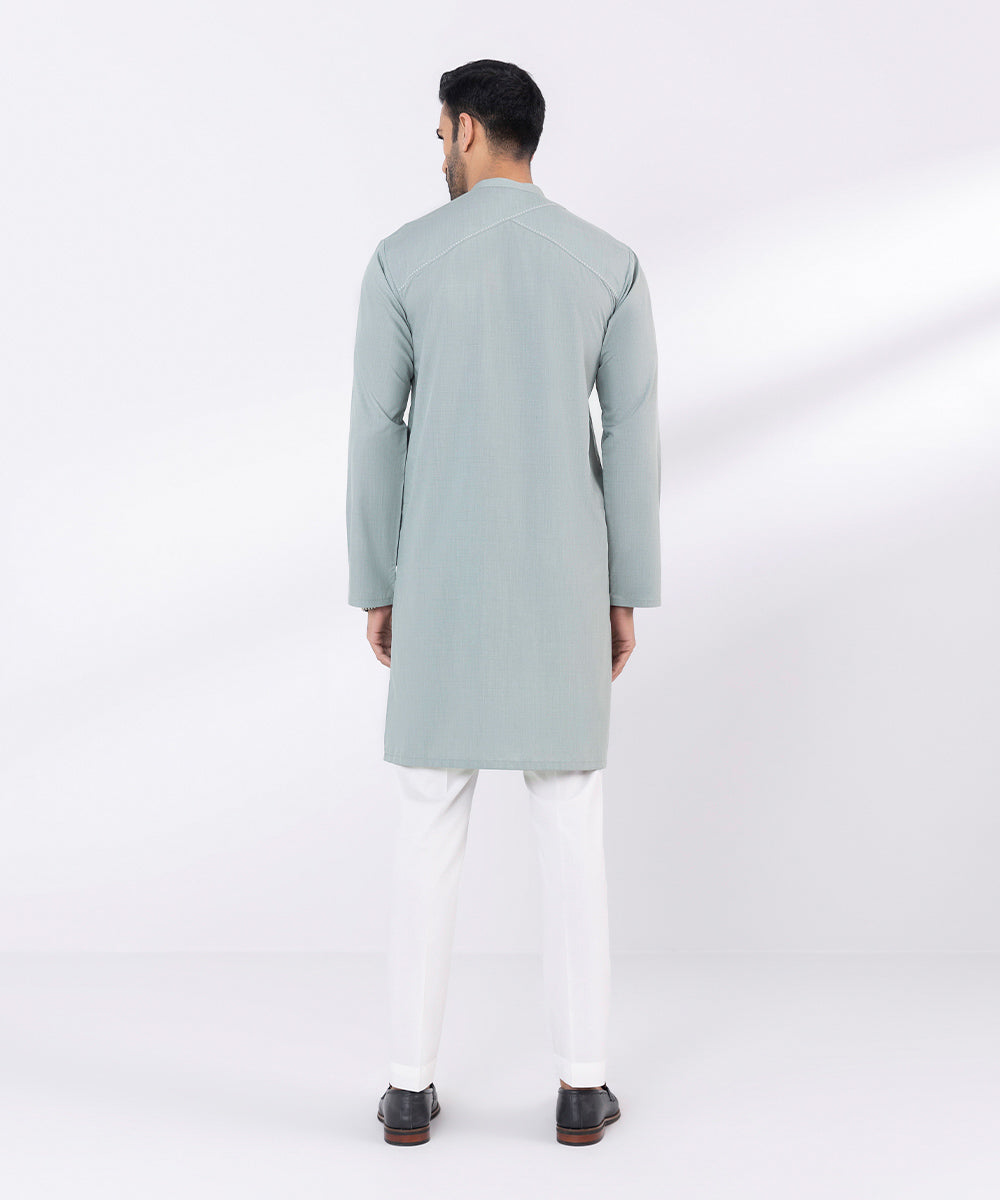 Men's Stitched Embroidered Fancy Wash & Wear Ash Grey Straight Hem Kurta