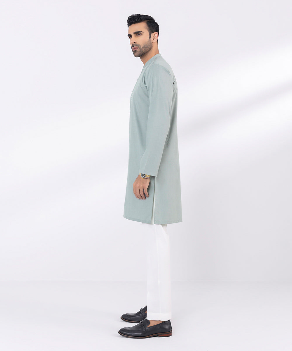 Men's Stitched Embroidered Fancy Wash & Wear Ash Grey Straight Hem Kurta