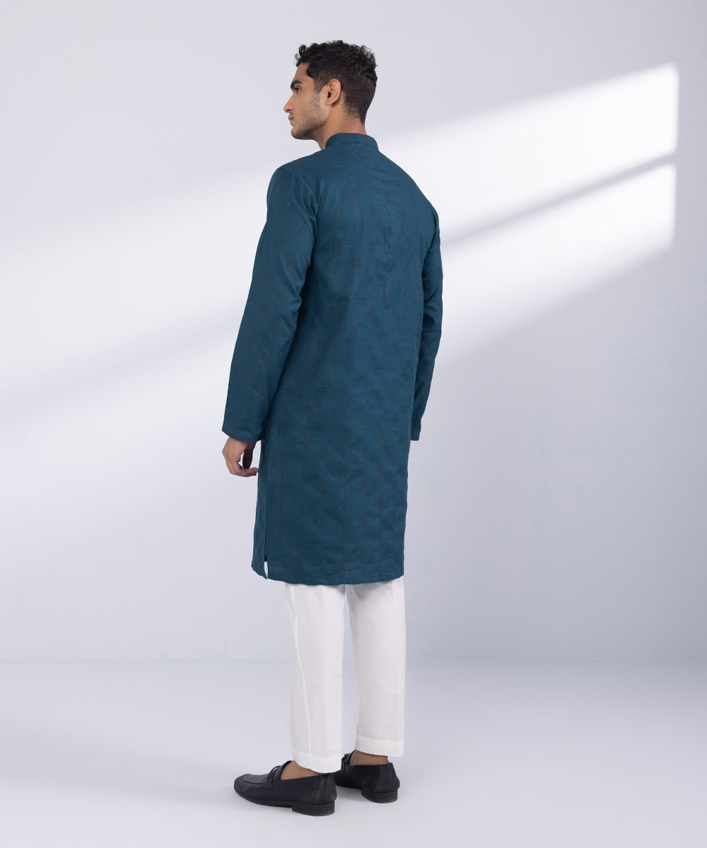 Men's Stitched Marine Blue Cotton Kurta