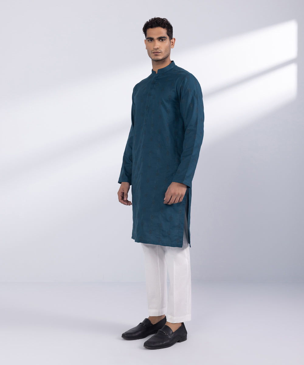 Men's Stitched Marine Blue Cotton Kurta