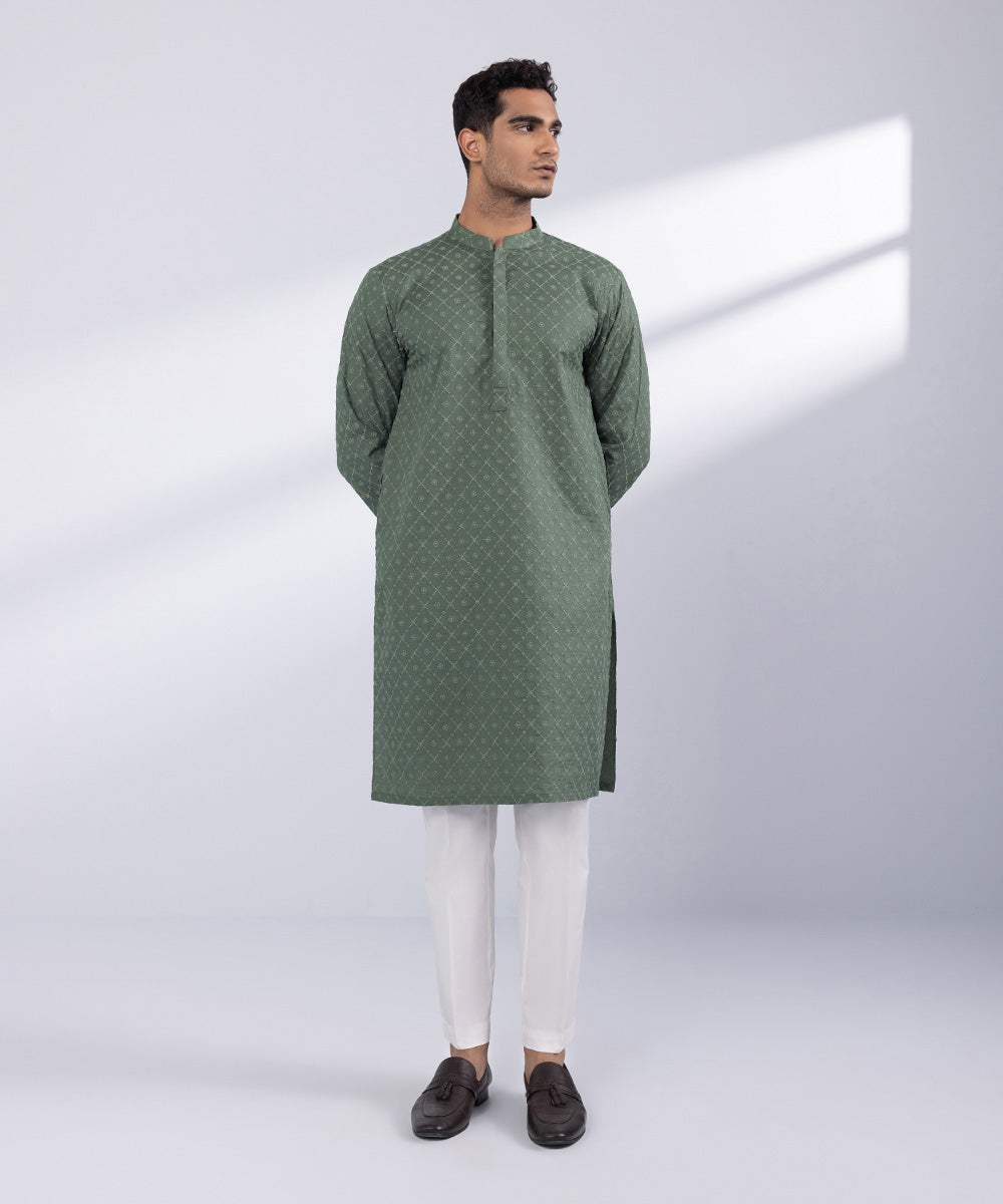 Men's Stitched Olive Cotton Kurta