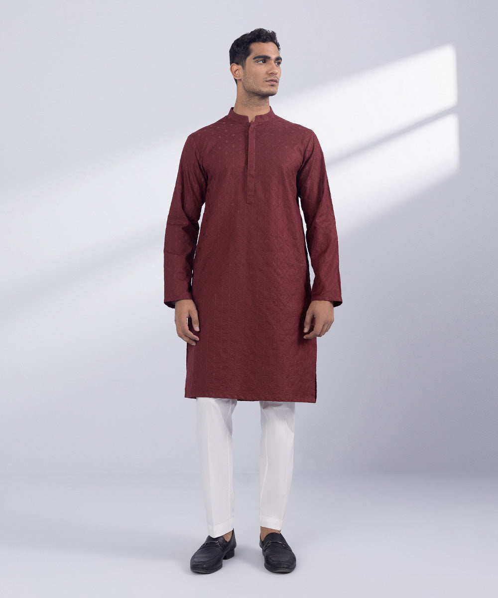 Men's Stitched Maroon Cotton Kurta