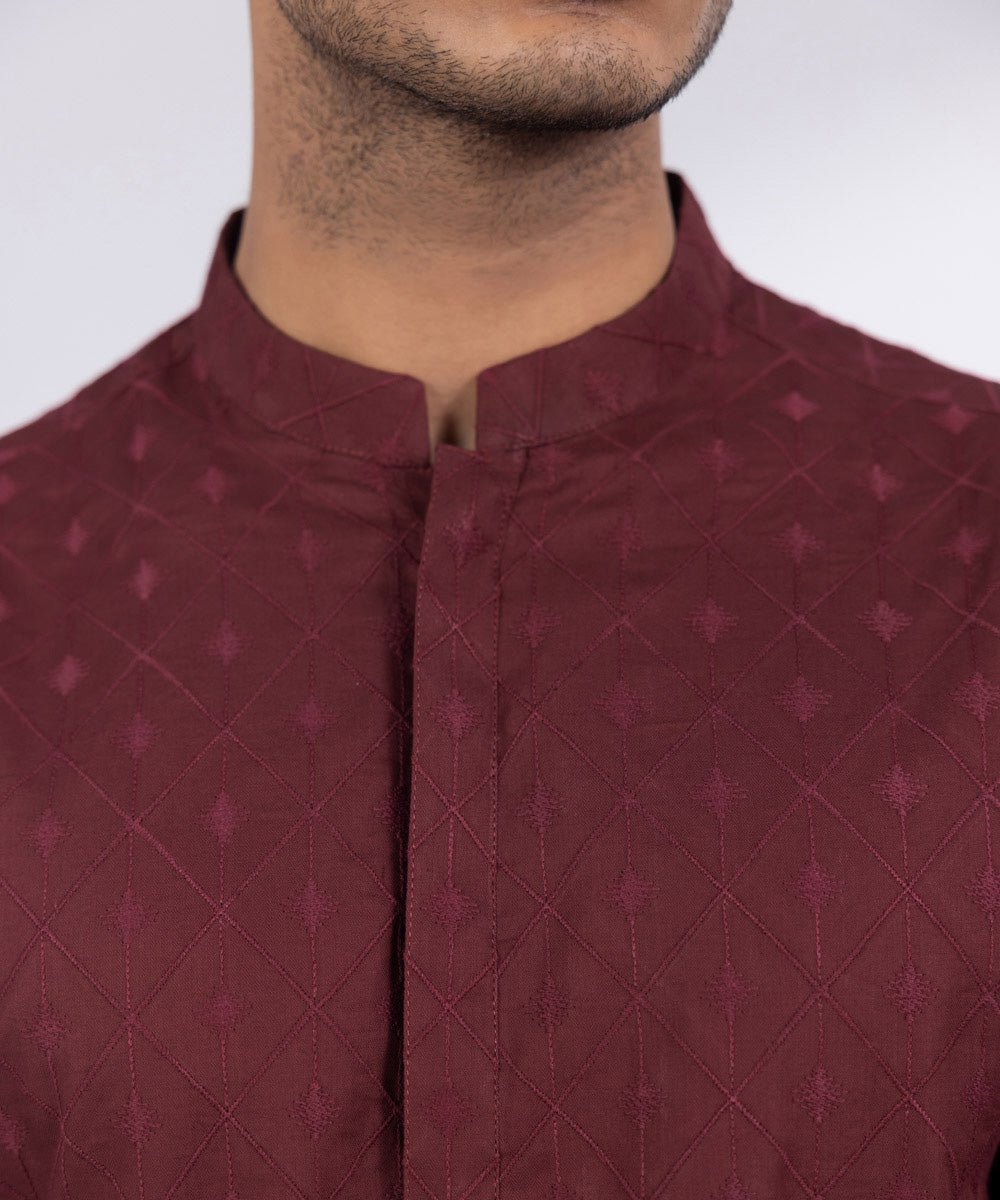 Men's Stitched Maroon Cotton Kurta