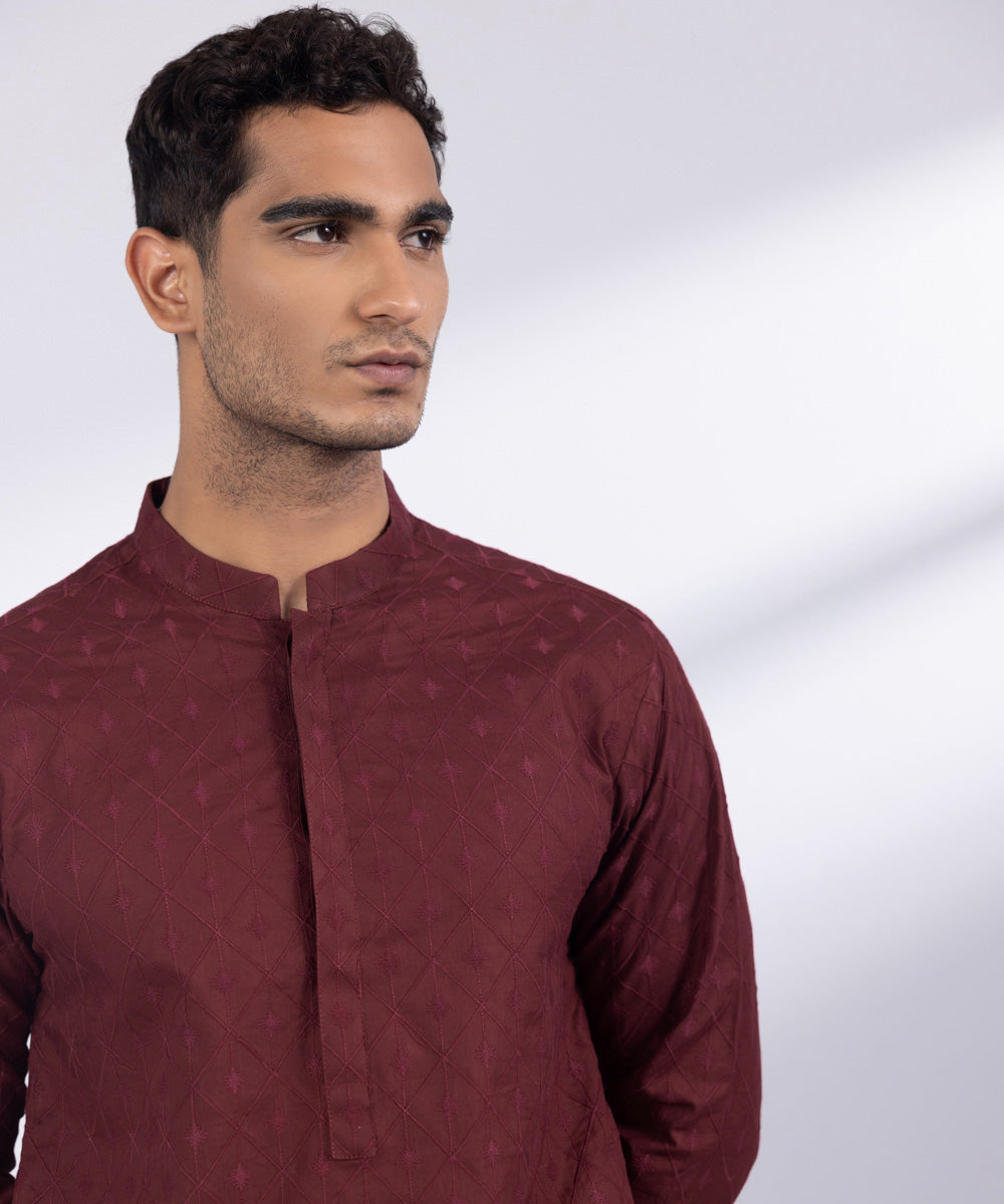 Men's Stitched Maroon Cotton Kurta