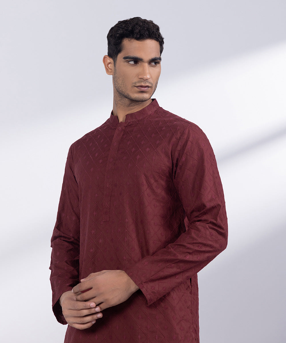 Men's Stitched Maroon Cotton Kurta