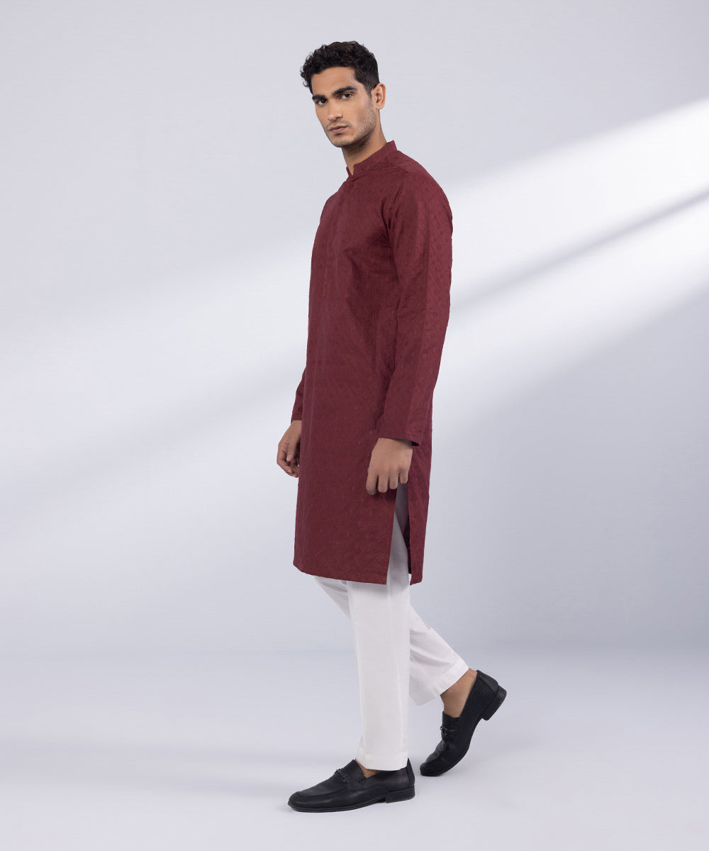 Men's Stitched Maroon Cotton Kurta