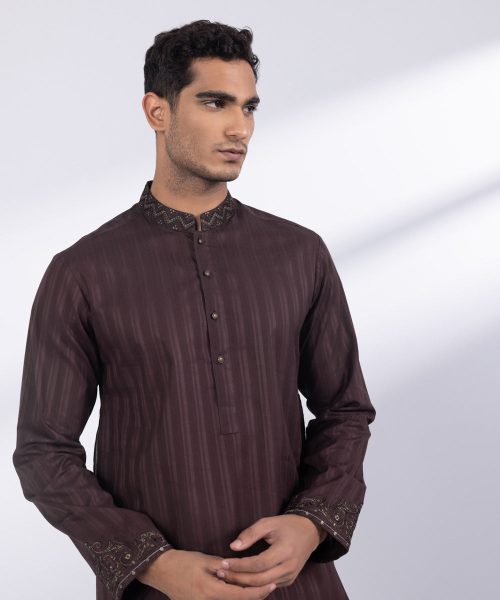 Men's Stitched Dull Maroon Cotton Kurta