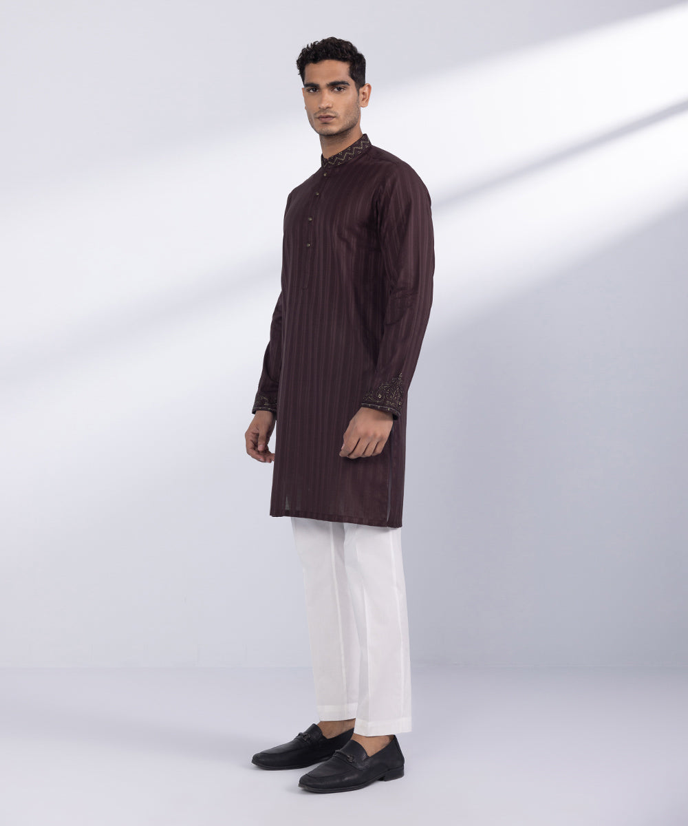 Men's Stitched Dull Maroon Cotton Kurta