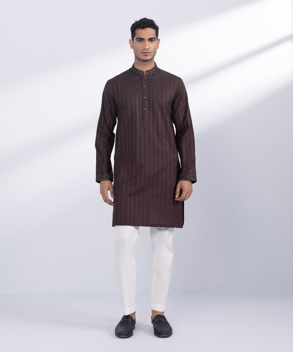 Men's Stitched Dull Maroon Cotton Kurta