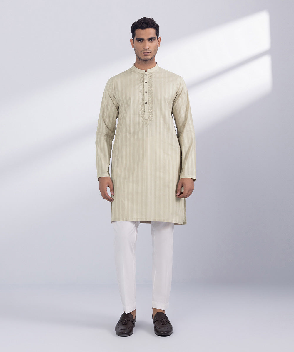 Men's Stitched Beige Cotton Kurta