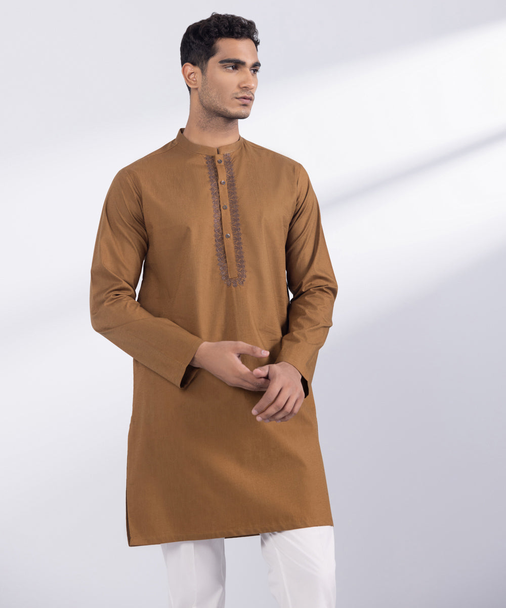 Men's Stitched Rust Cotton Kurta