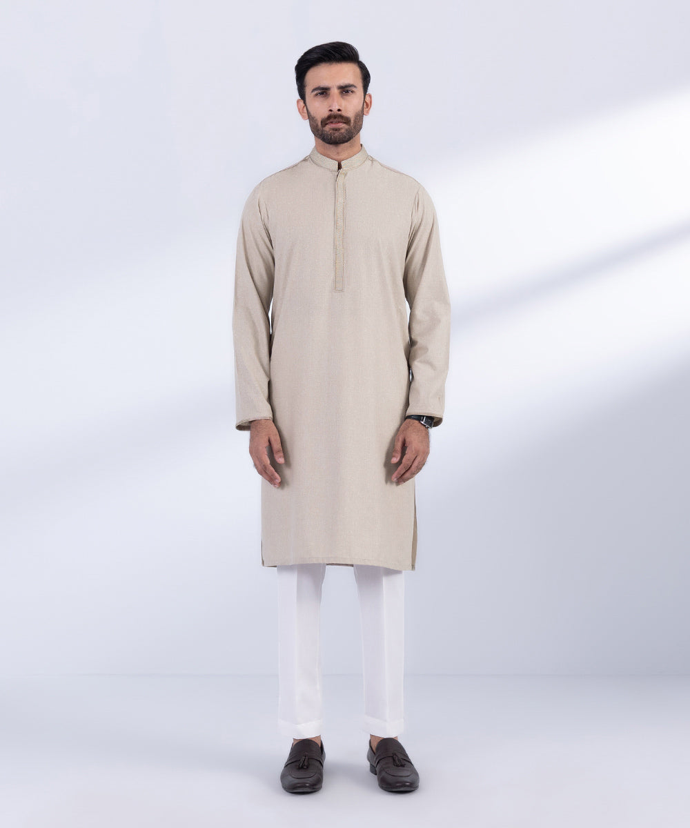 Men's Stitched Beige Wash & Wear Kurta