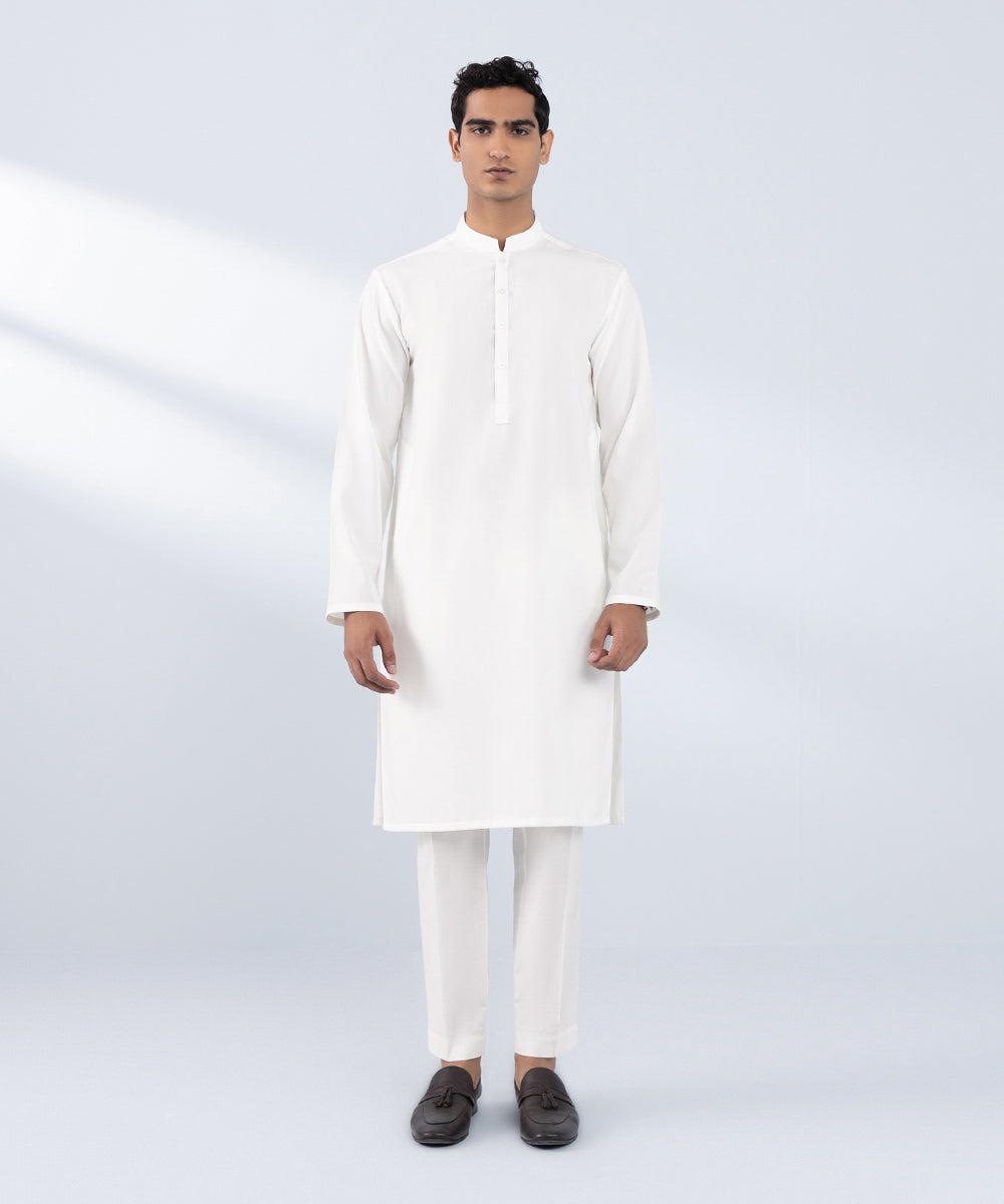 Men's Stitched Embroidered White Wash & Wear Kurta 