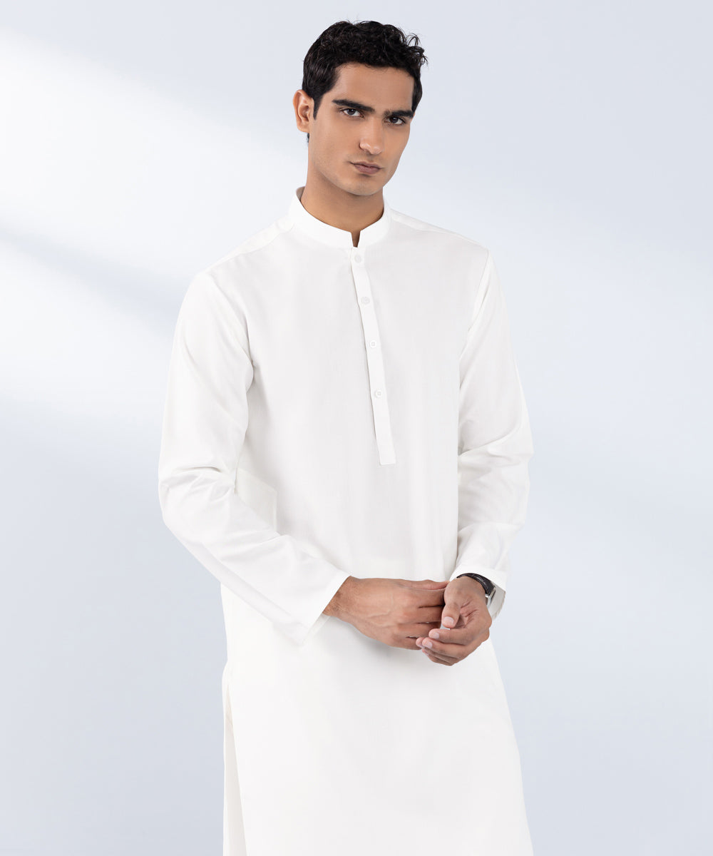 Men's Stitched Embroidered White Wash & Wear Kurta 