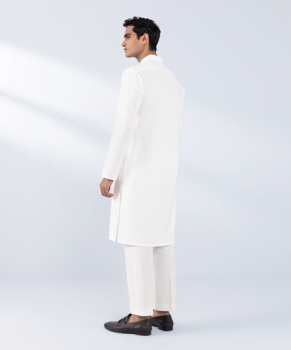 Men's Stitched Embroidered White Wash & Wear Kurta 