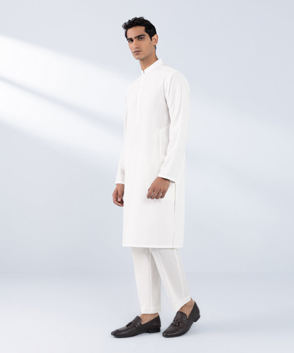 Men's Stitched Embroidered White Wash & Wear Kurta 