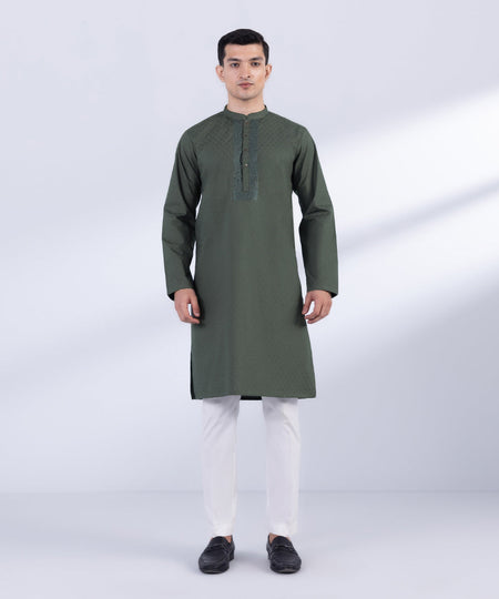 Men's Stitched Brown Cotton Jacquard Kurta