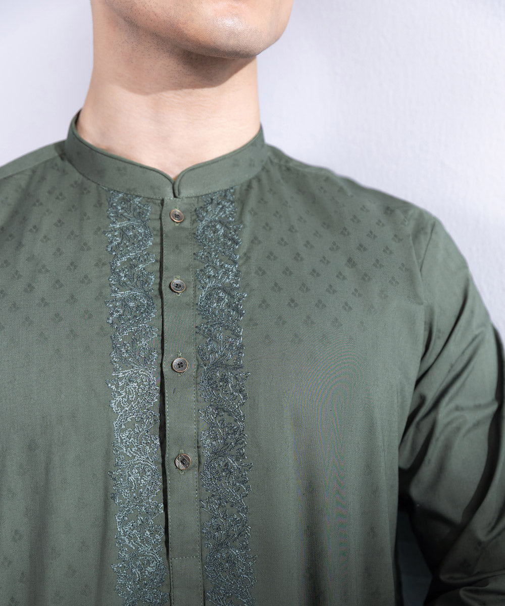 Men's Stitched Brown Cotton Jacquard Kurta