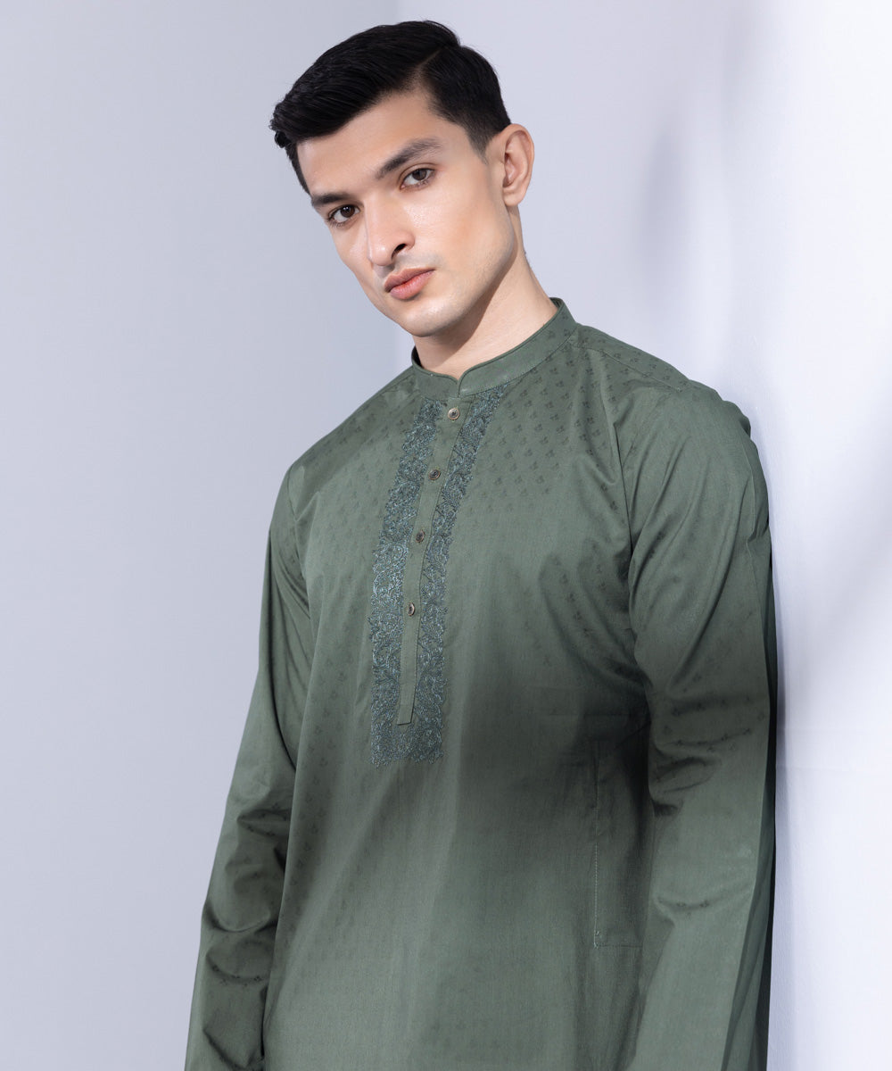 Men's Stitched Brown Cotton Jacquard Kurta