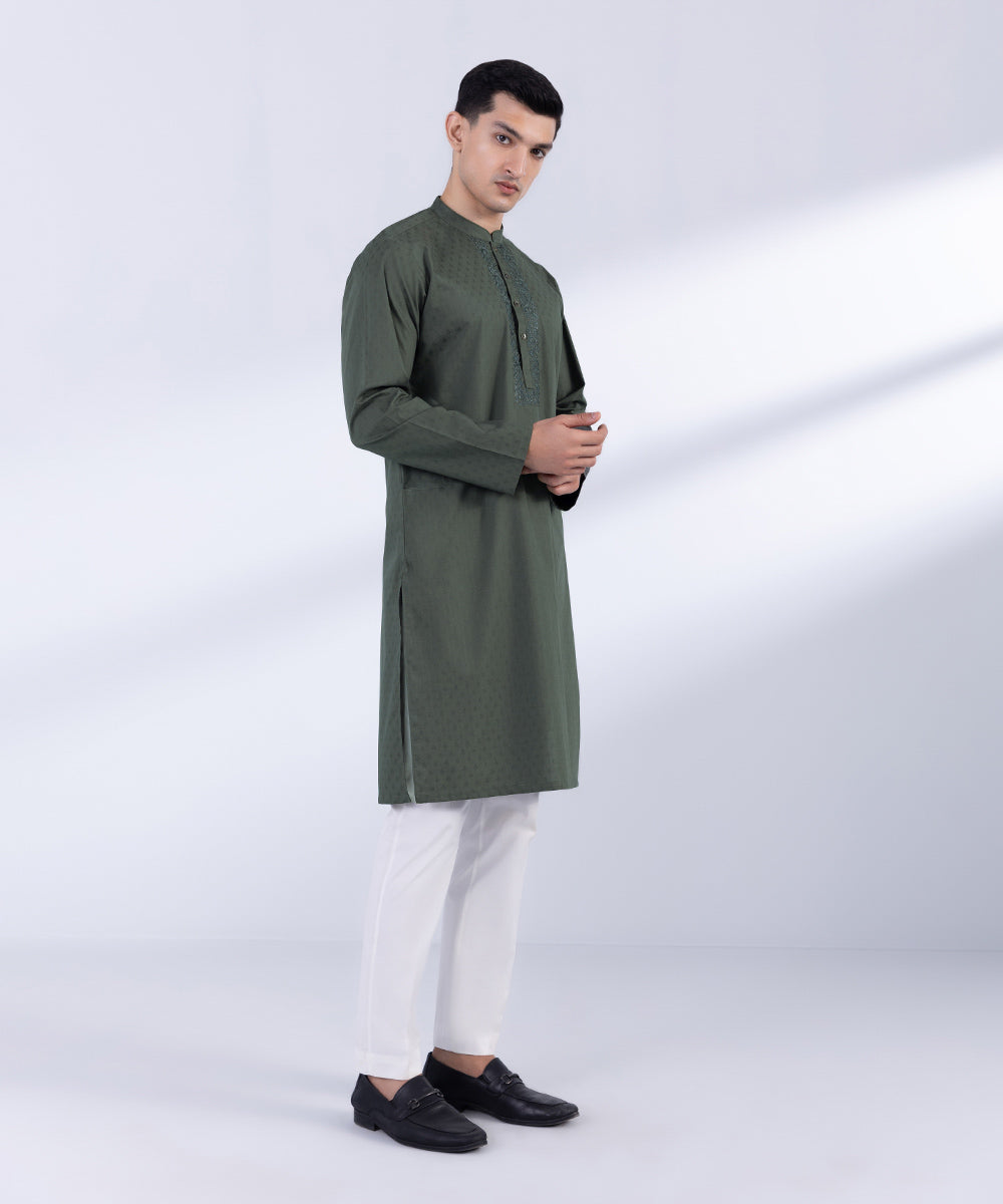 Men's Stitched Brown Cotton Jacquard Kurta