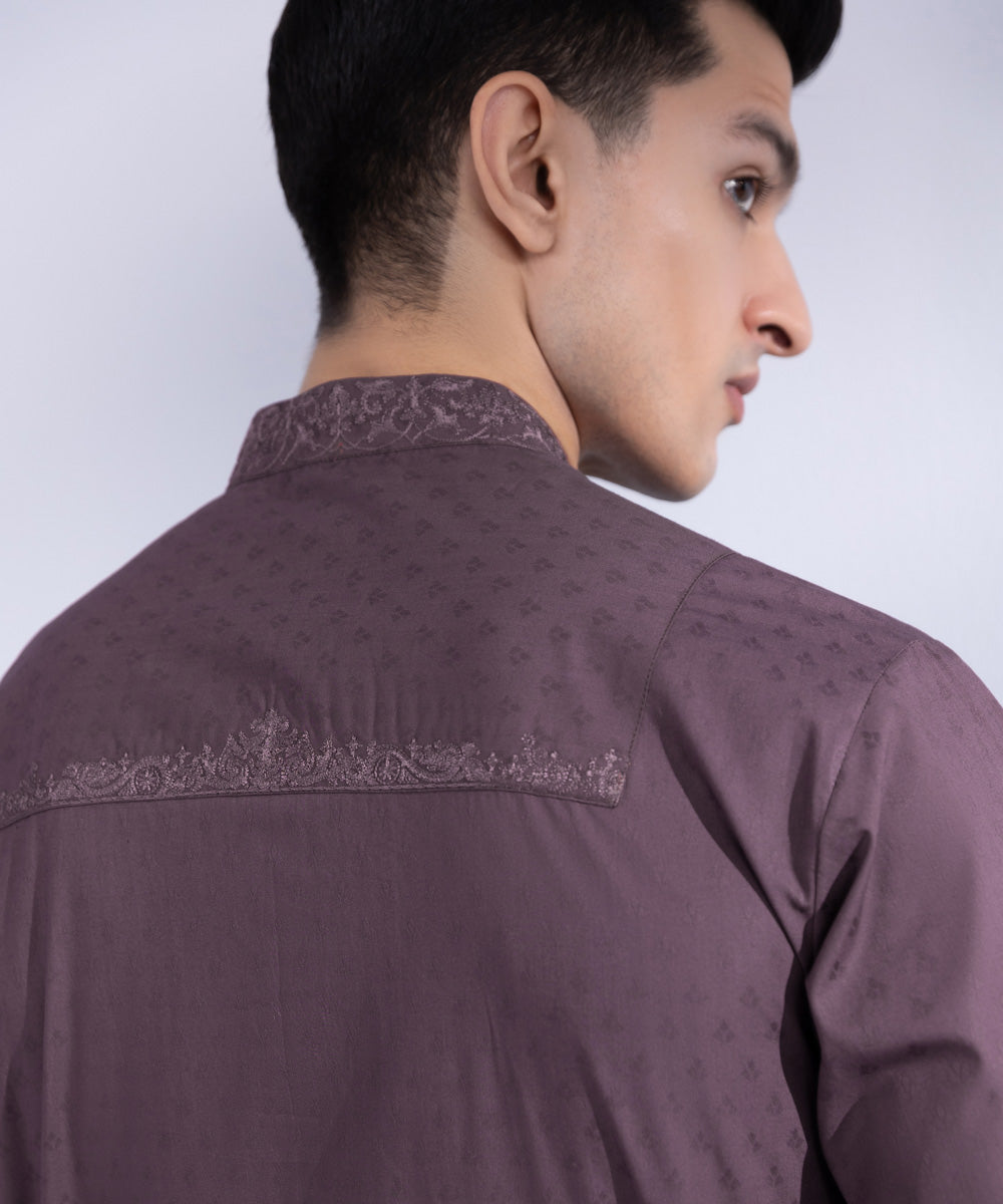 Men's Stitched Mauve Cotton Jacquard Kurta