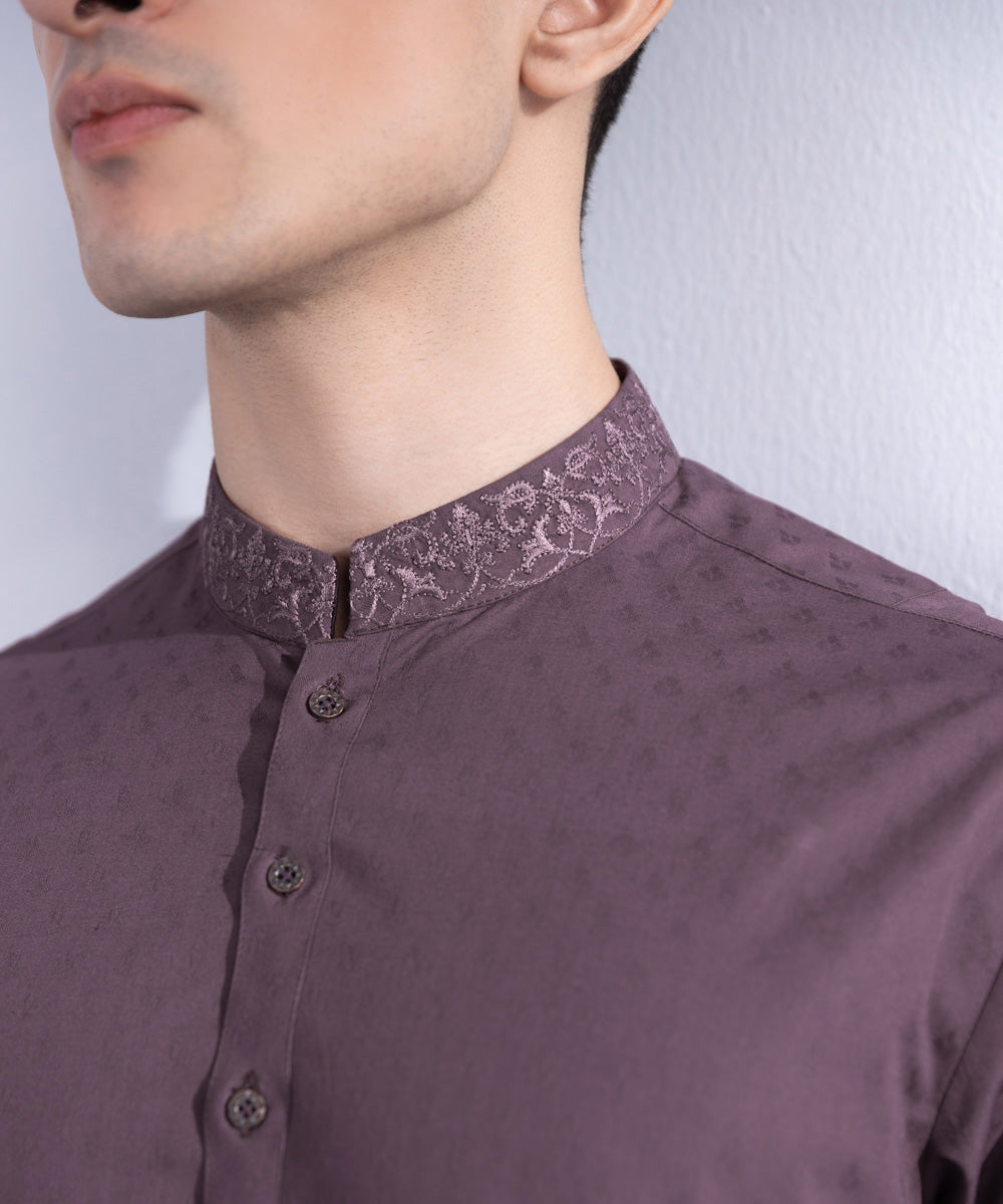 Men's Stitched Mauve Cotton Jacquard Kurta