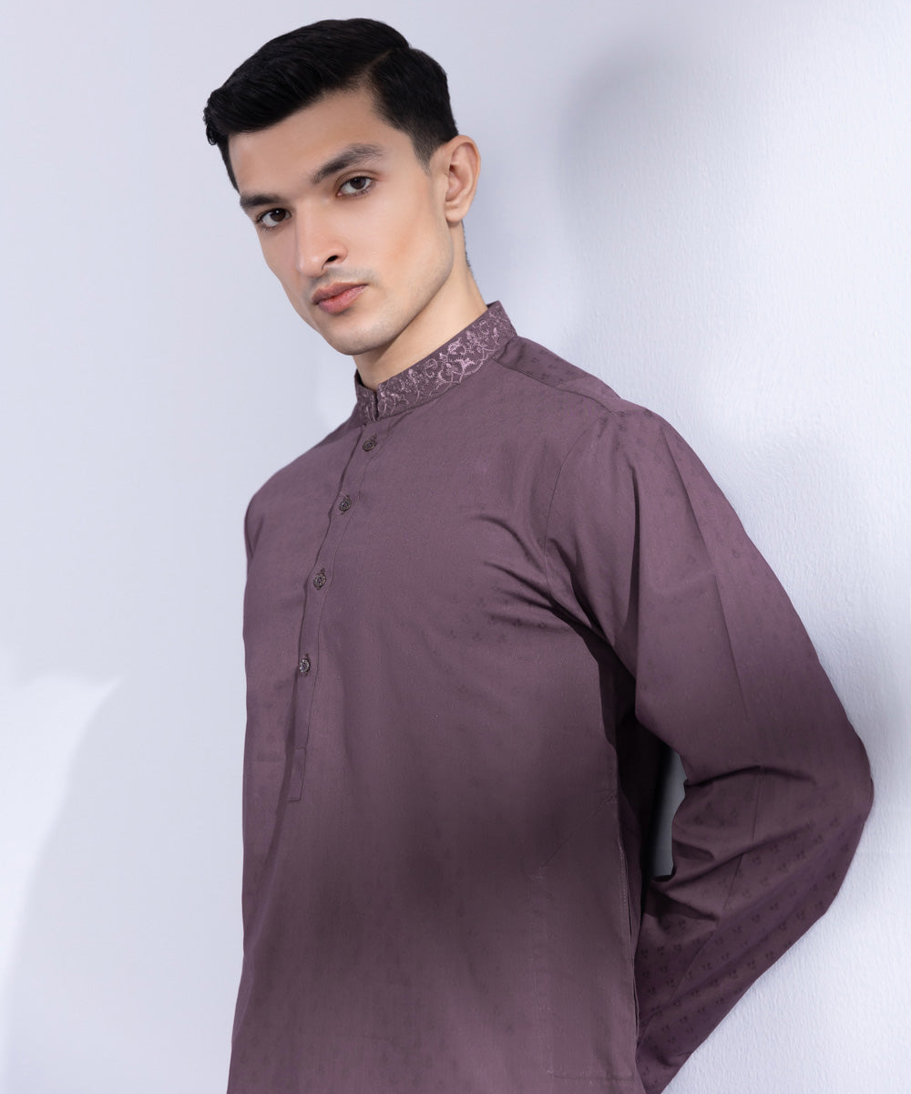 Men's Stitched Mauve Cotton Jacquard Kurta