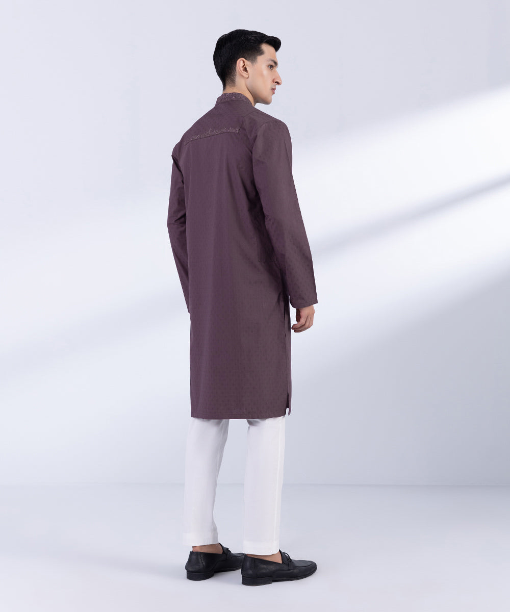 Men's Stitched Mauve Cotton Jacquard Kurta