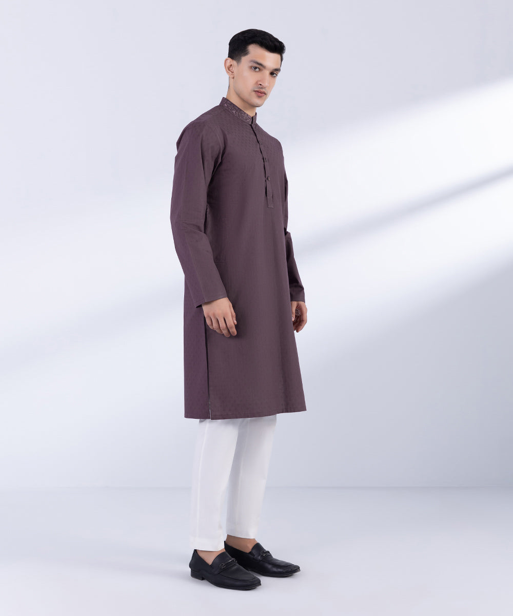 Men's Stitched Mauve Cotton Jacquard Kurta