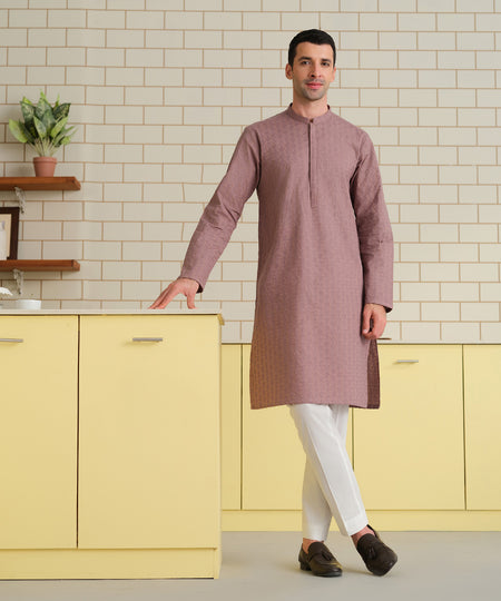 Men's Stitched Schiffili Embroidered Suit Embroidered Mauve Straight Hem Kurta