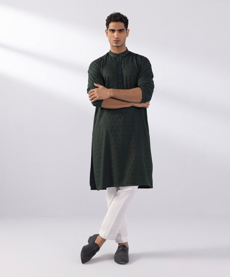 Men's Stitched Jacquard Wash & Wear Embroidered Charcoal Straight Hem Kurta