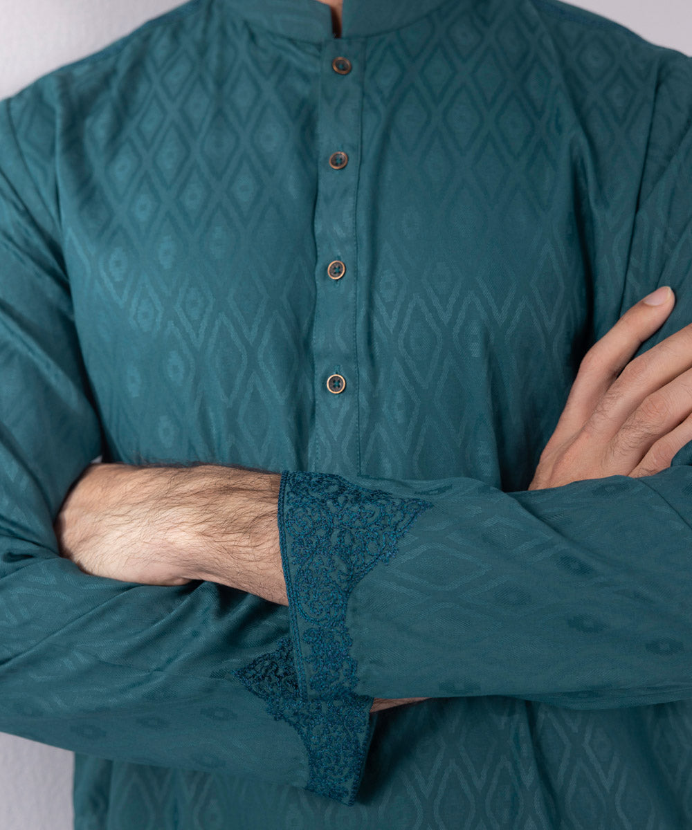 Men's Stitched Jacquard Wash & Wear Embroidered Teal Straight Hem Kurta