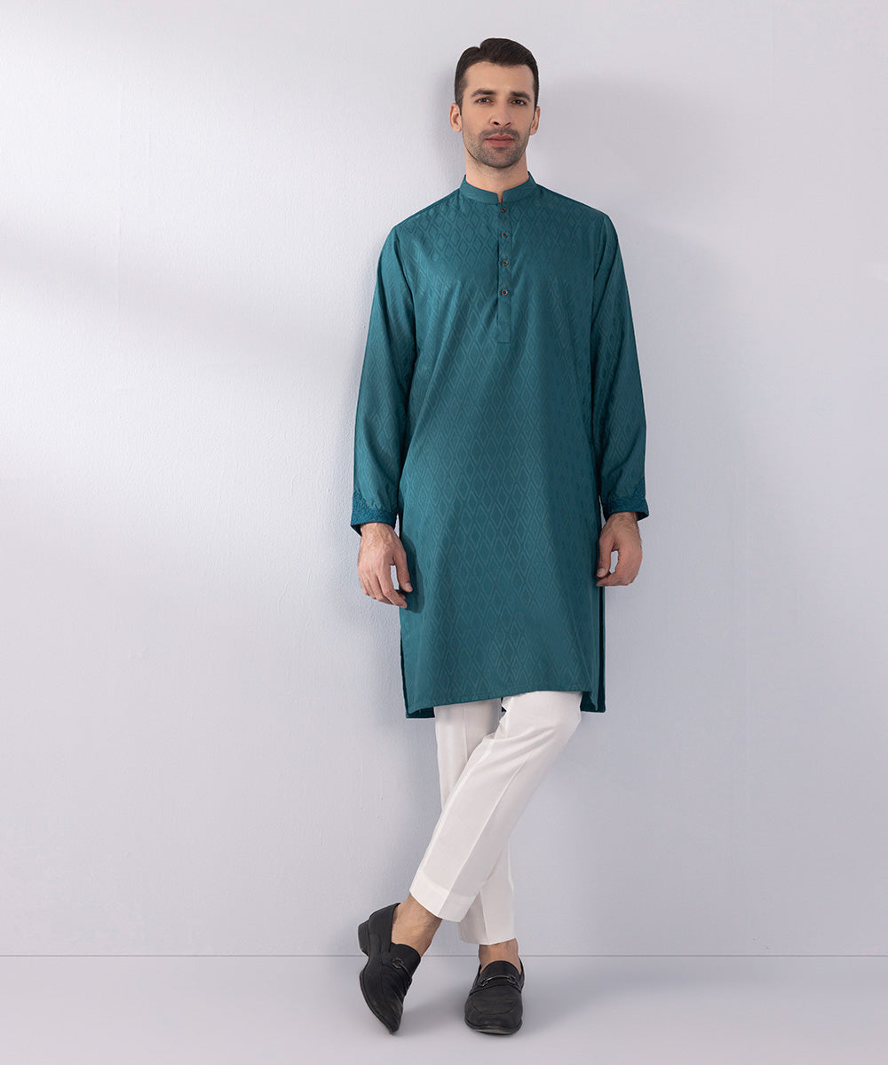 Men's Stitched Jacquard Wash & Wear Embroidered Teal Straight Hem Kurta