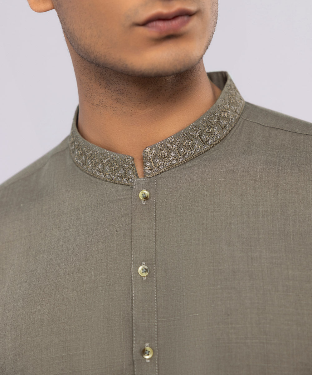 Men's Stitched Wash & Wear Embroidered Brown Straight Hem Kurta