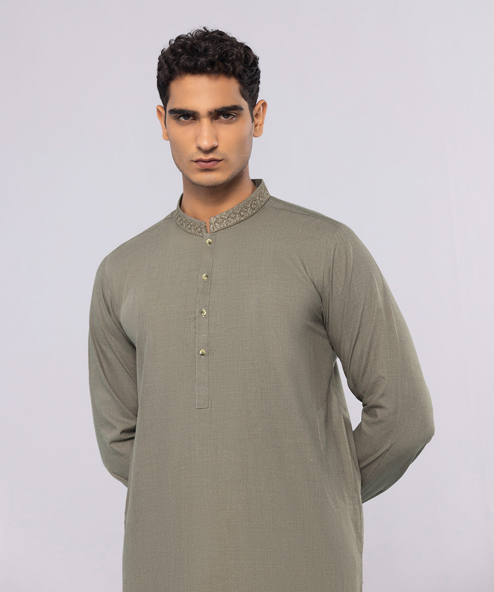 Men's Stitched Wash & Wear Embroidered Brown Straight Hem Kurta