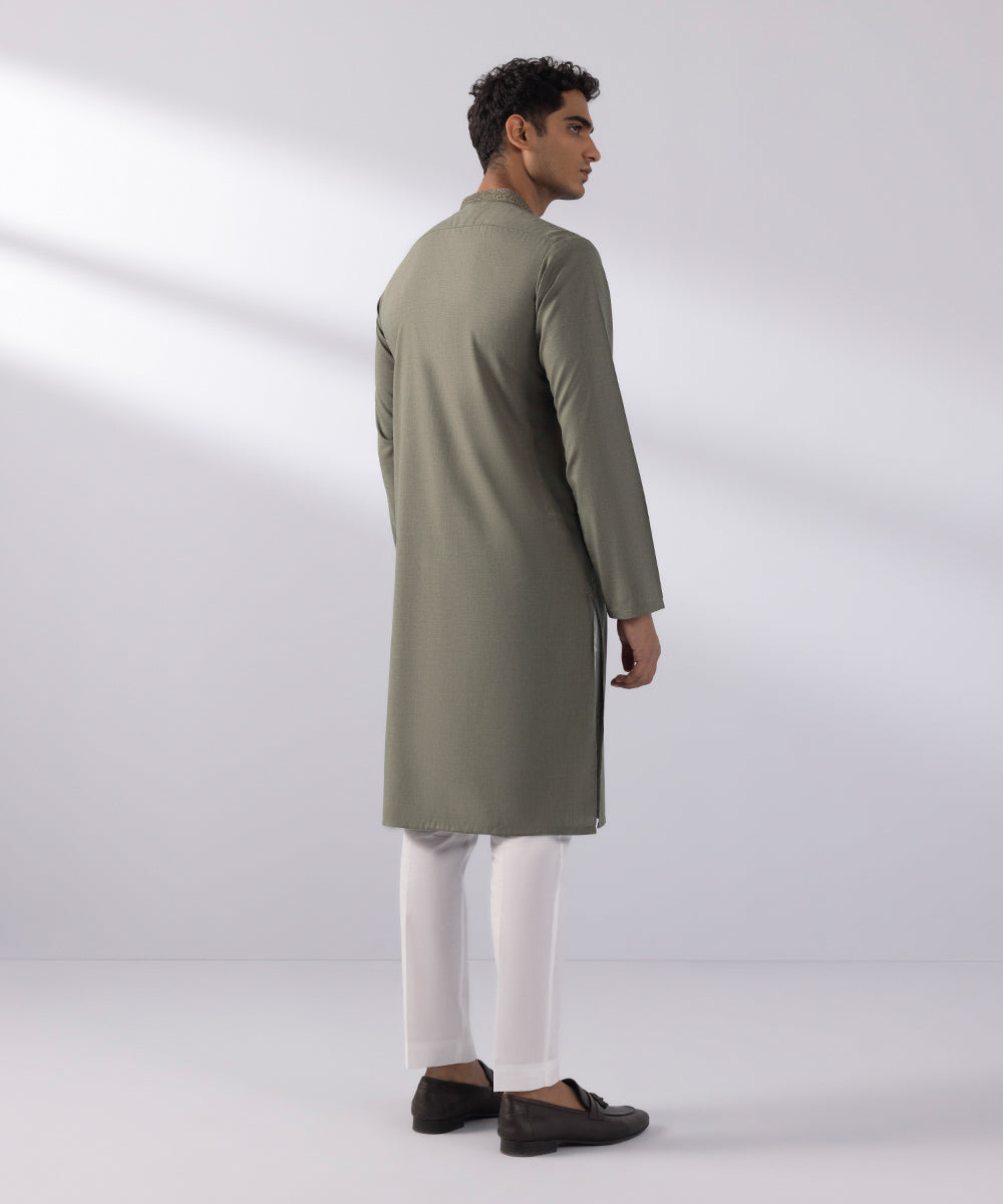 Men's Stitched Wash & Wear Embroidered Brown Straight Hem Kurta