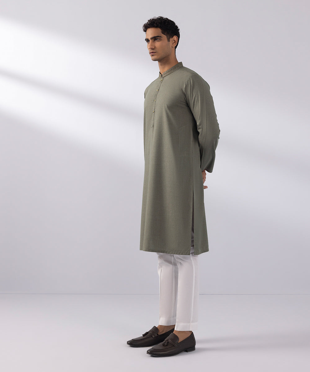 Men's Stitched Wash & Wear Embroidered Brown Straight Hem Kurta