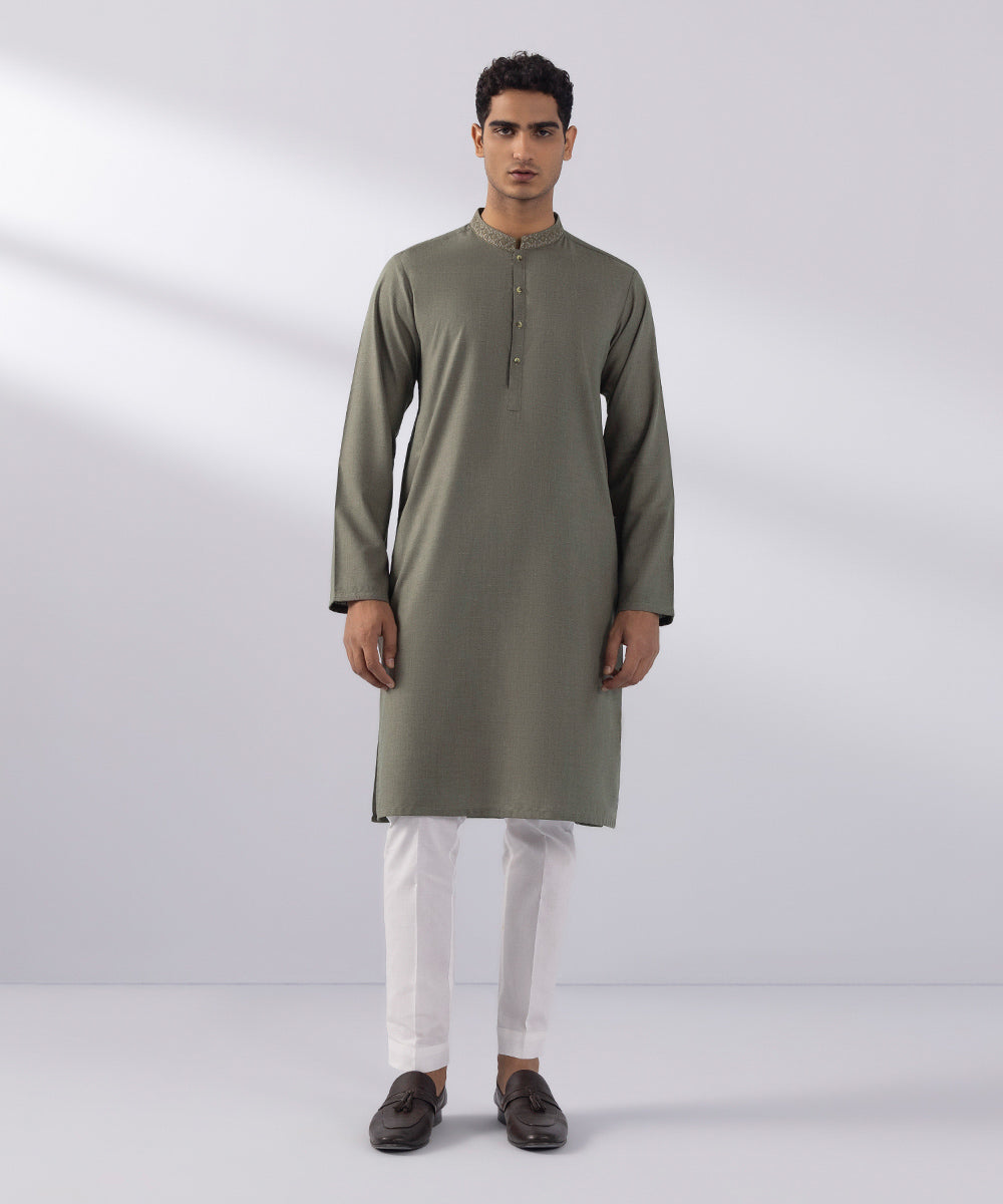 Men's Stitched Wash & Wear Embroidered Brown Straight Hem Kurta