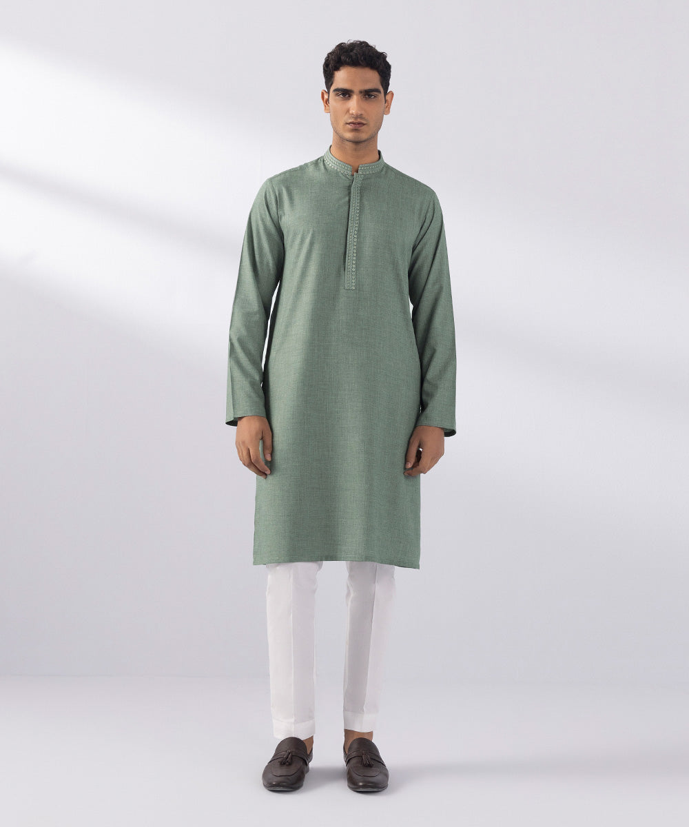 Men's Stitched Wash & Wear Embroidered Green Straight Hem Kurta