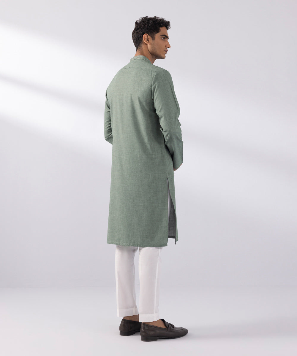 Men's Stitched Wash & Wear Embroidered Green Straight Hem Kurta