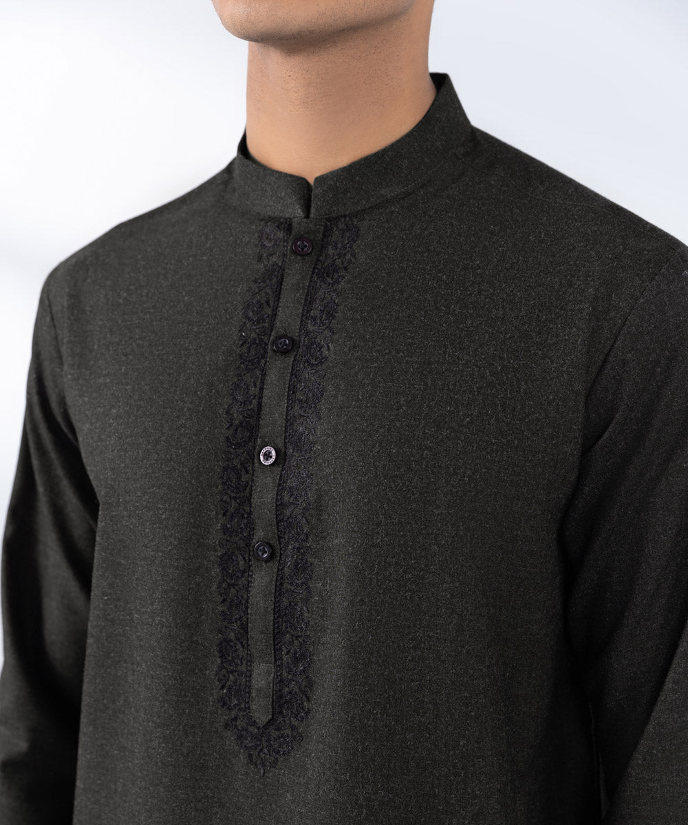 Men's Stitched  Embroidered Olive Wash & Wear Kurta 