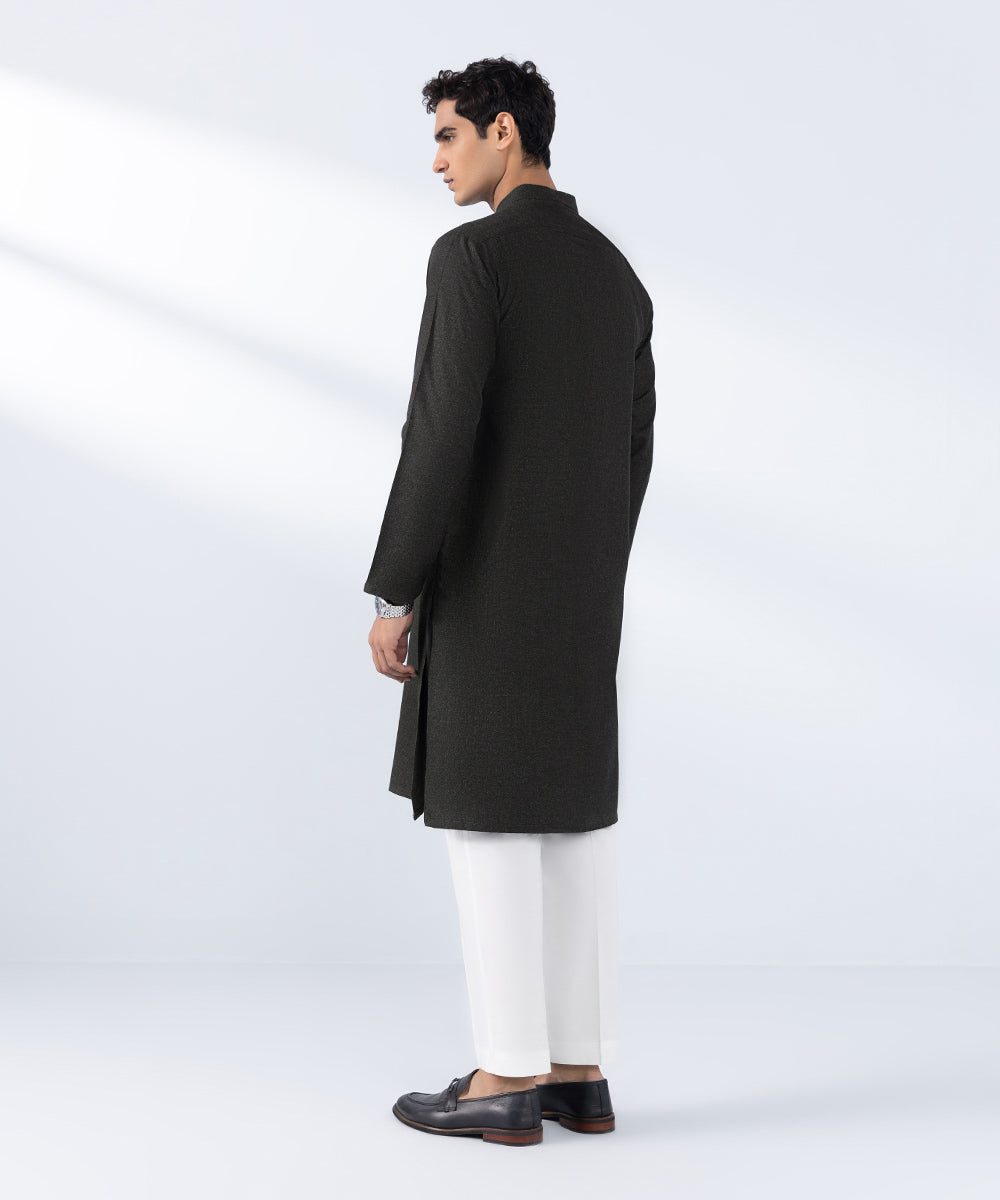 Men's Stitched  Embroidered Olive Wash & Wear Kurta 