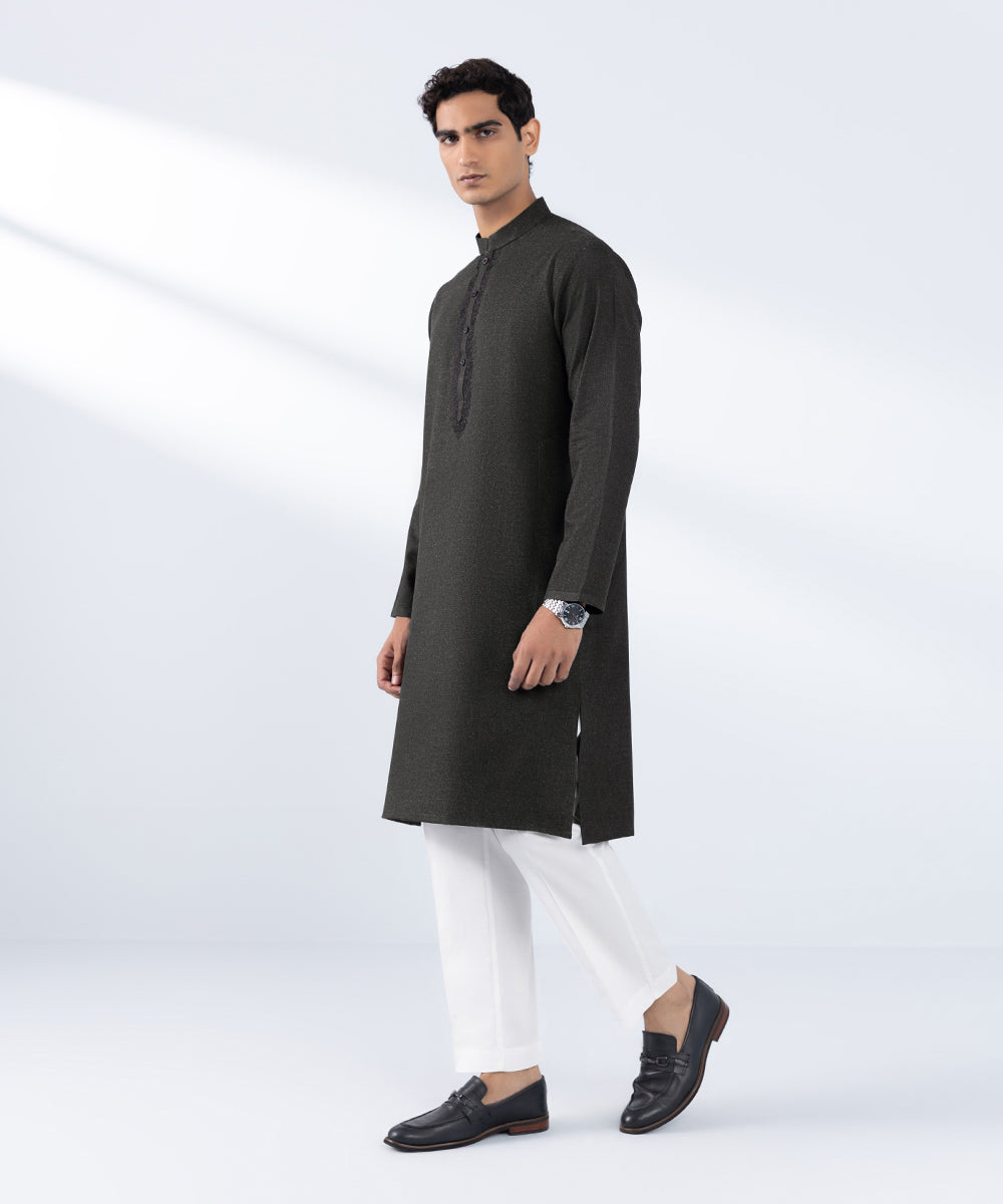 Men's Stitched  Embroidered Olive Wash & Wear Kurta 