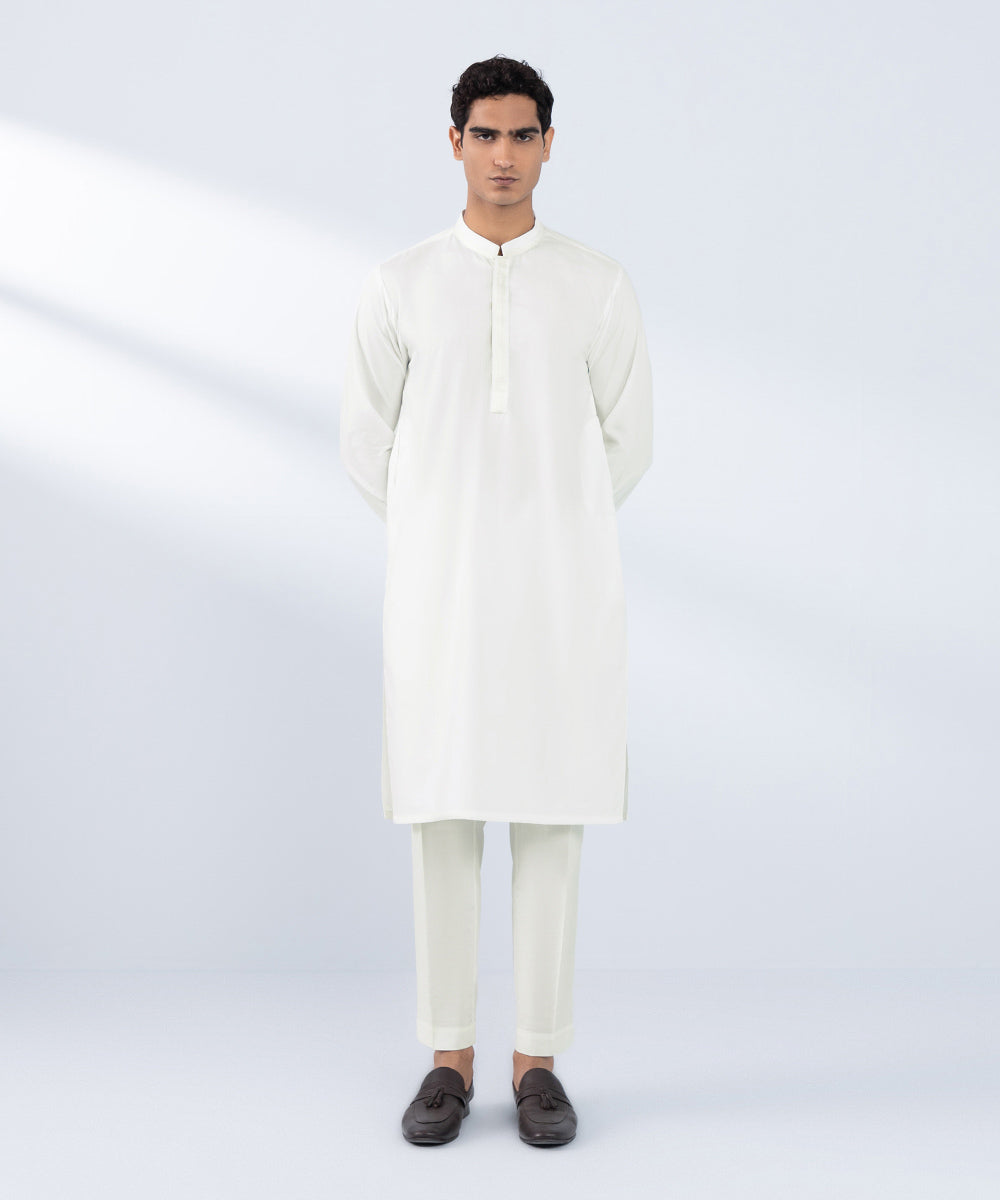 Men's Stitched Embroidered White Wash & Wear Kurta 