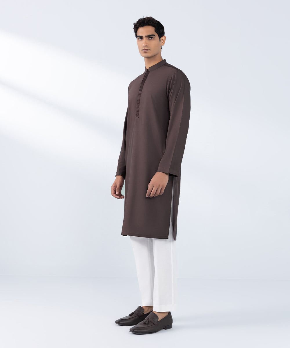 Men's Stitched Embroidered Mauve Wash & Wear Kurta 