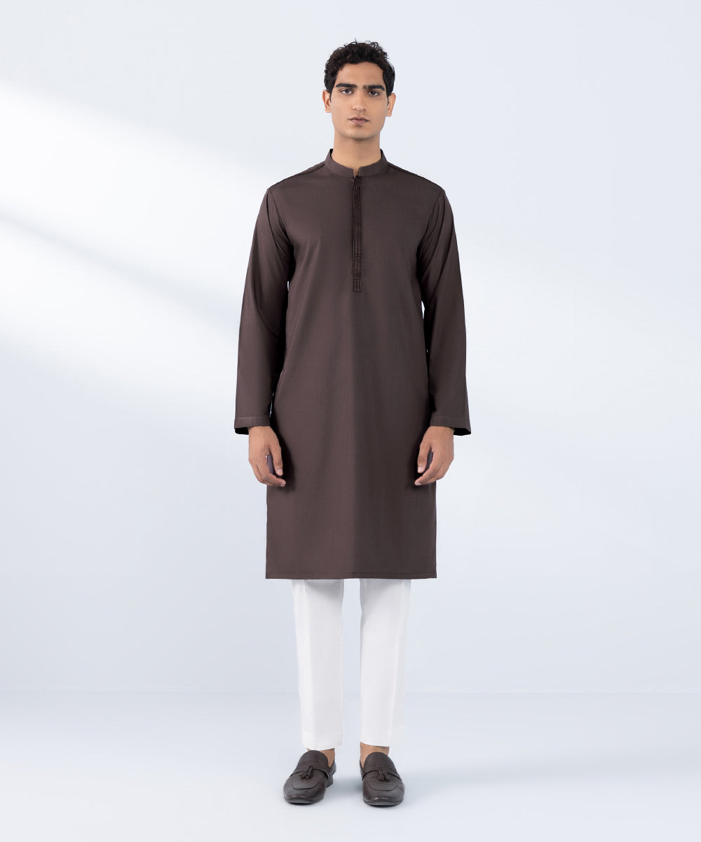 Men's Stitched Embroidered Mauve Wash & Wear Kurta 