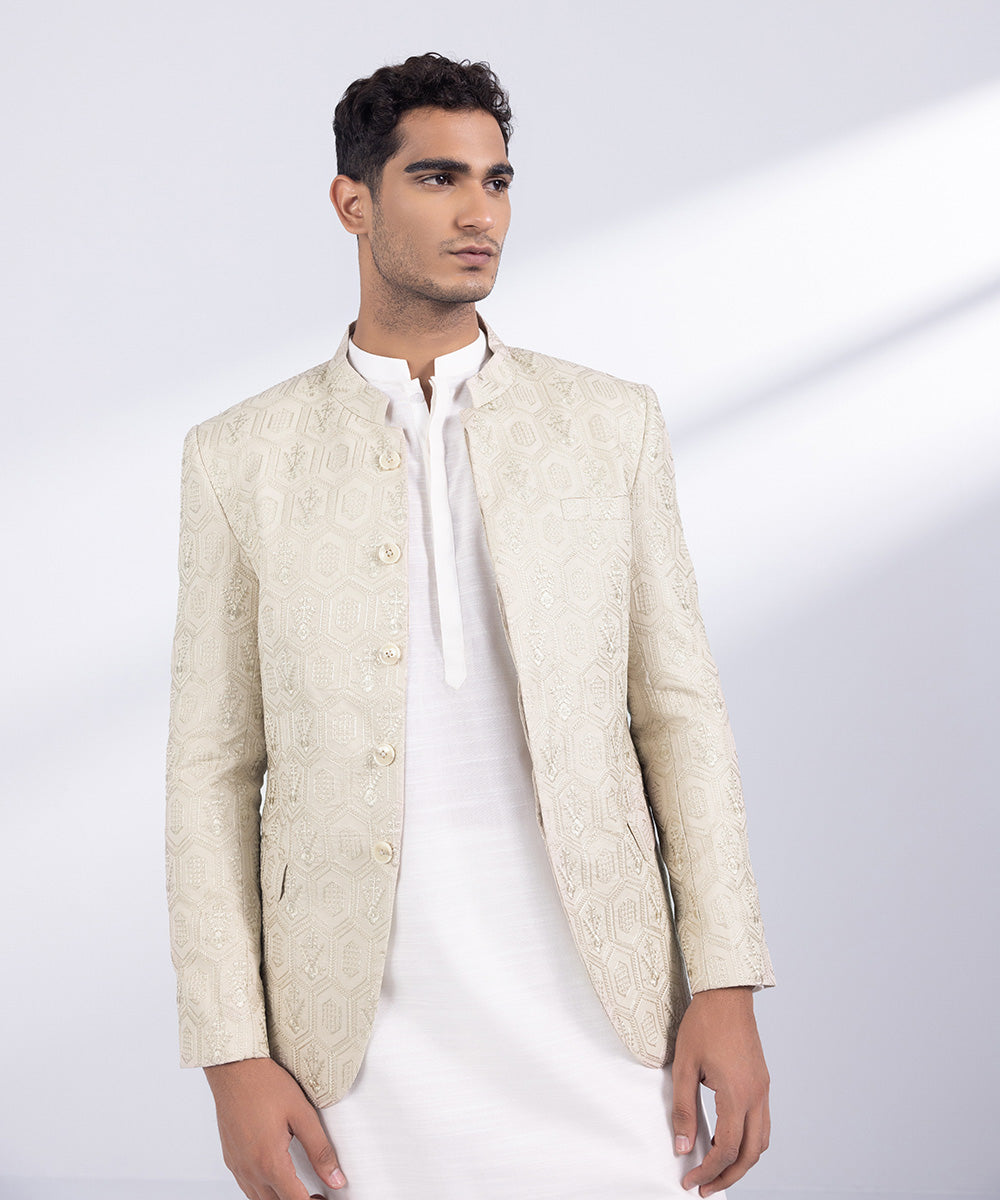 Men's Stitched Beige Cotton Prince Coat